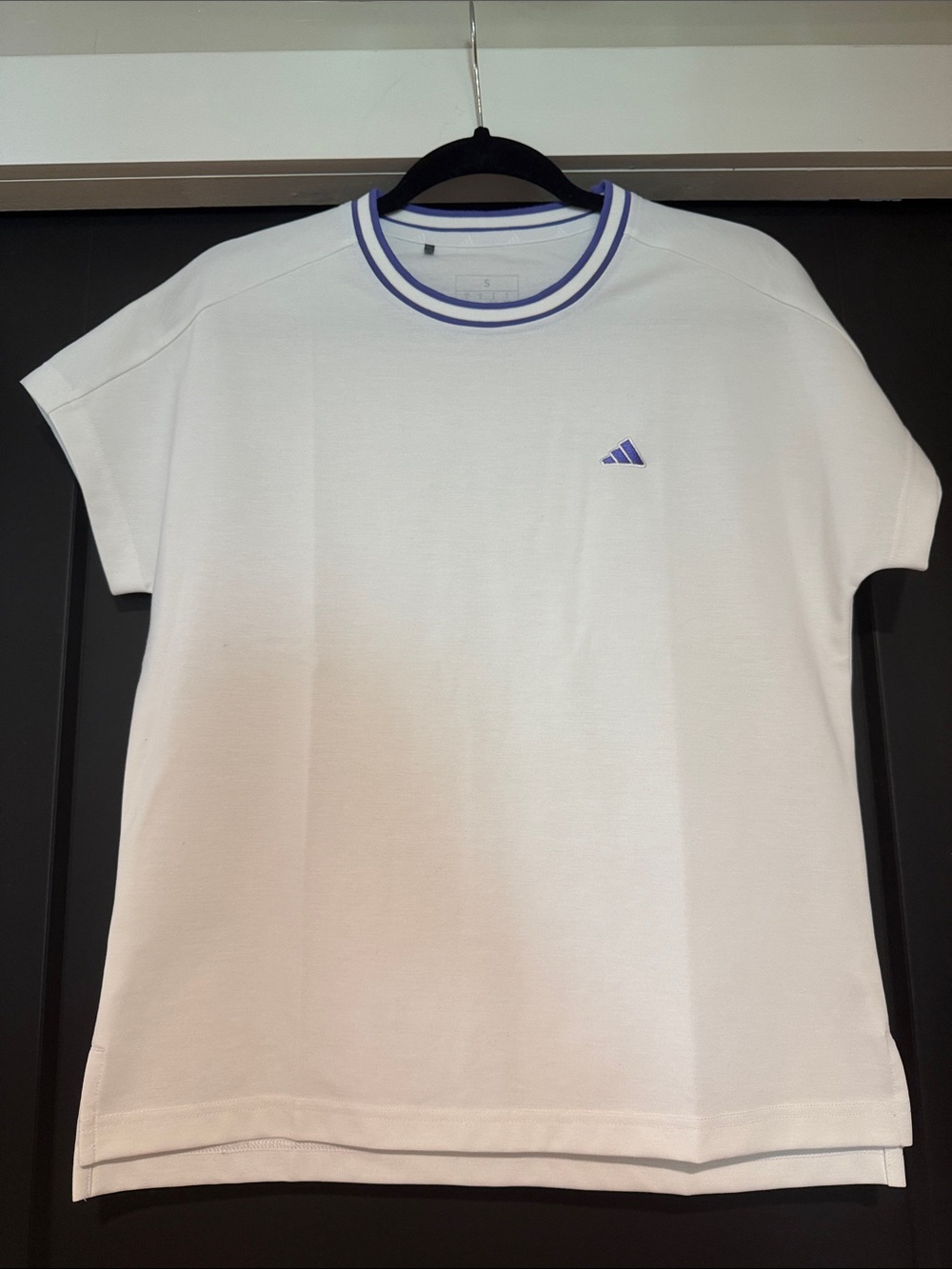 adidas White Short Sleeve Golf Tee with Purple Trim